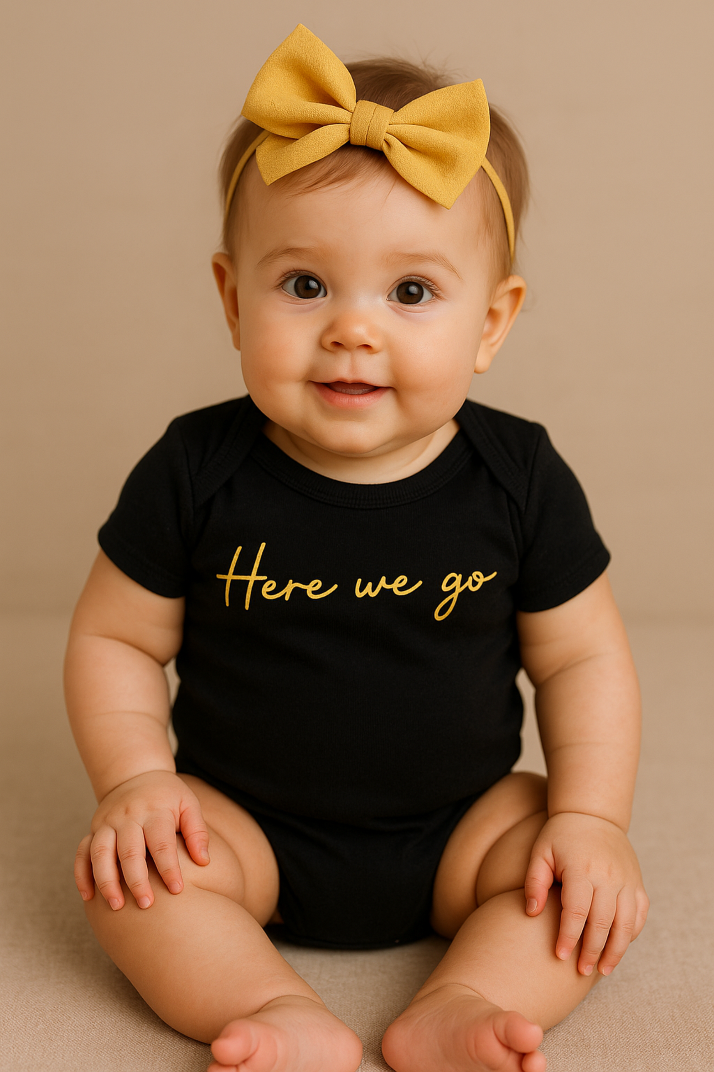 aby girl wearing gold bow and “Here We Go” black and gold onesie – Town Pride baby outfit made with Rabbit Skins® softness.
