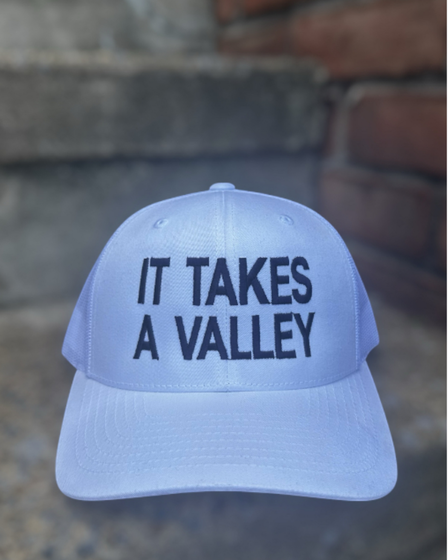 White It Takes A Valley™ trucker hat with navy embroidery, photographed on steps for product detail.