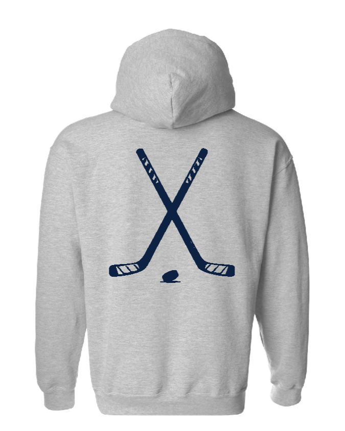 Sport grey hockey hoodie showing crossed sticks and puck back graphic