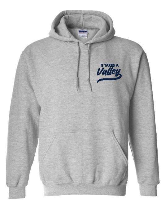 Sport grey It Takes a Valley hockey hoodie with front script logo