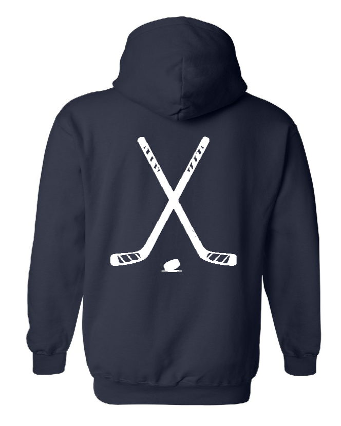 Navy hockey hoodie showing white crossed sticks and puck graphic