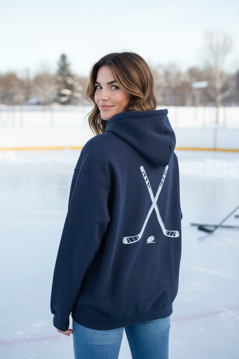 Woman outdoors wearing navy hockey hoodie with crossed sticks design on back