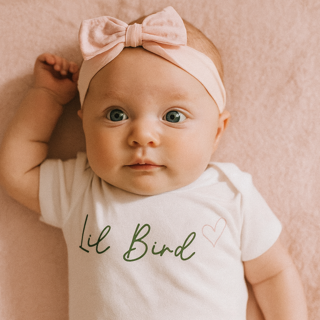 Baby wearing a 'Lil Bird' onesie and pink headband on a soft pink background