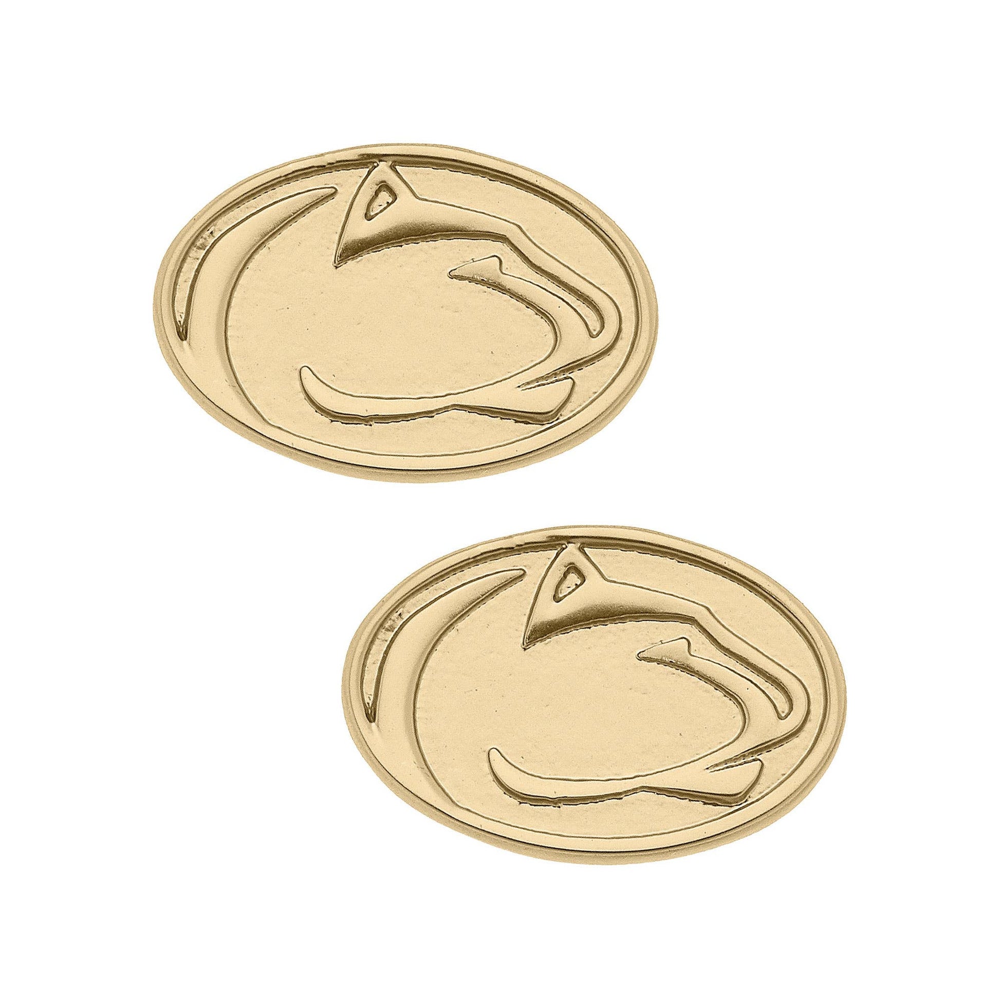 Two gold oval earrings with a logo on a white background