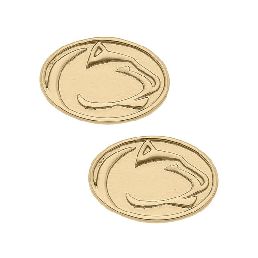 Two gold oval earrings with a logo on a white background
