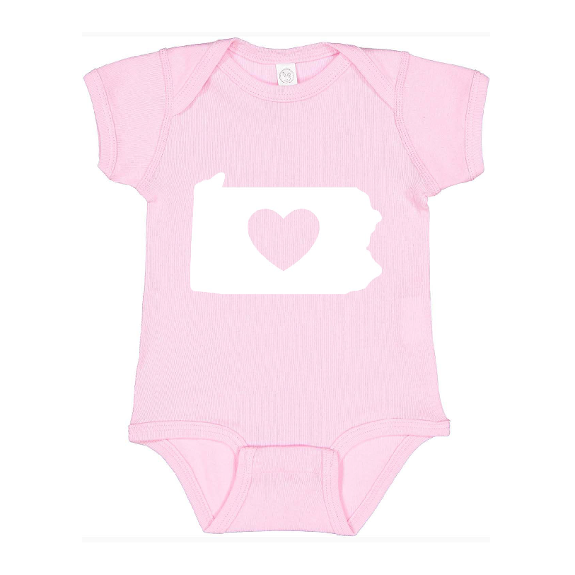 pink onesie with pennsylvania and heart