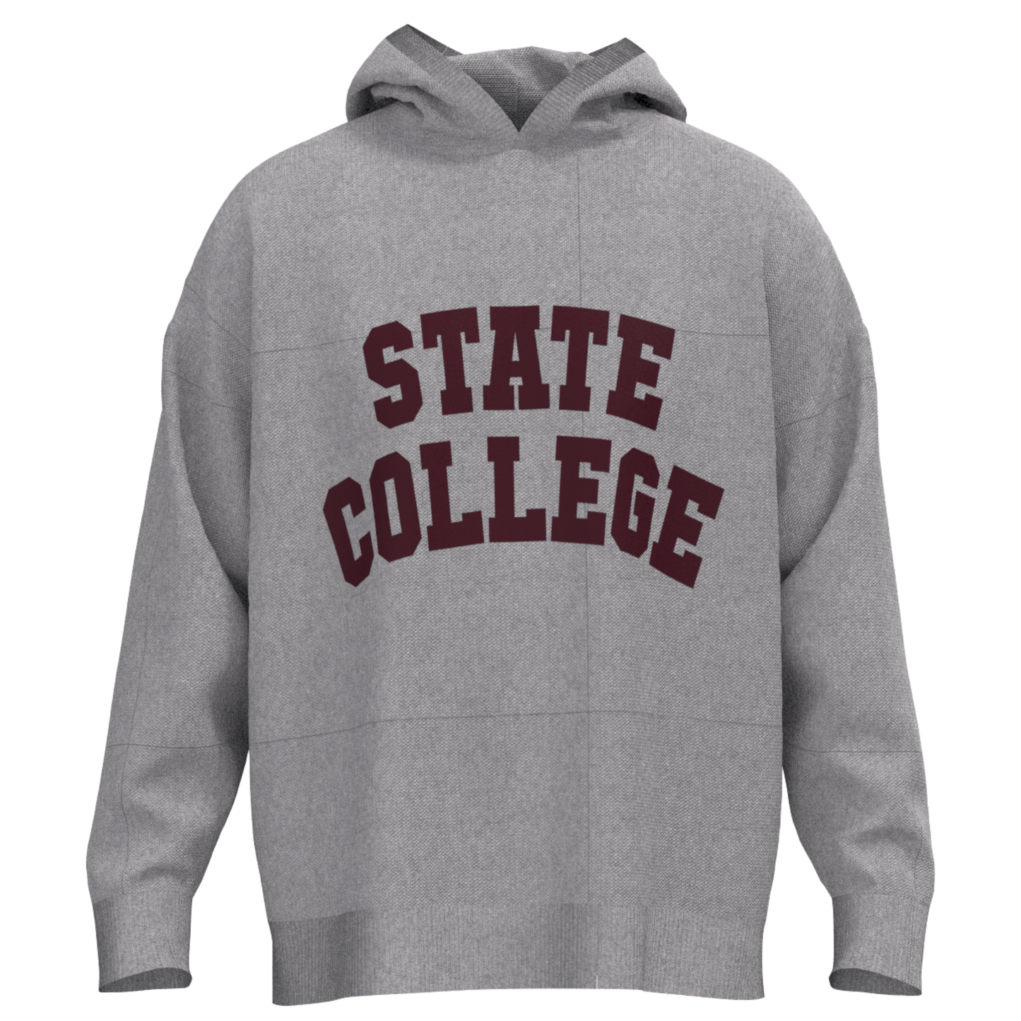Gray hoodie with 'STATE COLLEGE' text in maroon on a white background