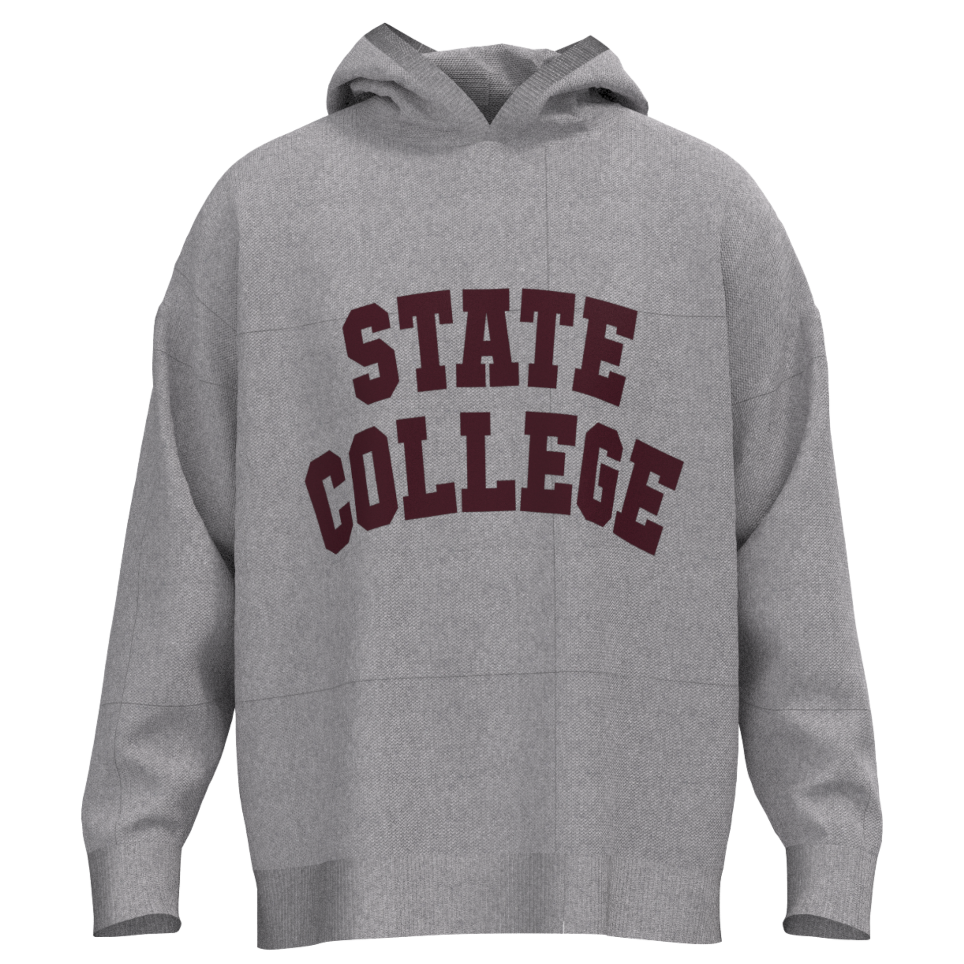 Gray hoodie with 'STATE COLLEGE' text in maroon on a white background