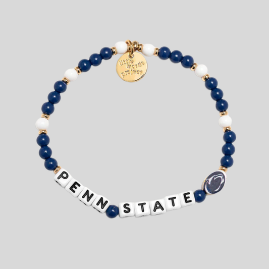 Bracelet with blue beads, white beads, and a 'Penn State' charm on a gray background