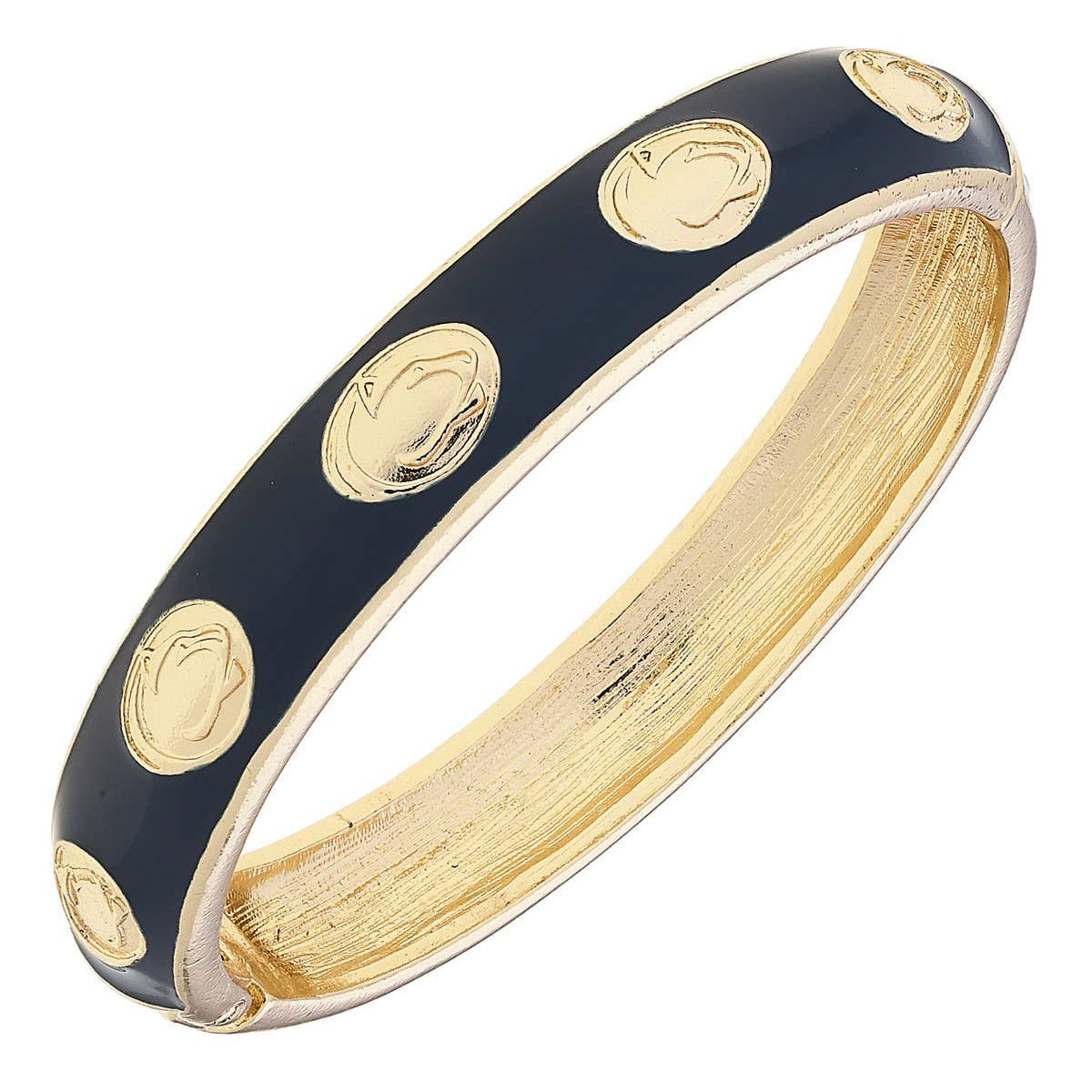 Gold and navy  bracelet with circular designs on a white background