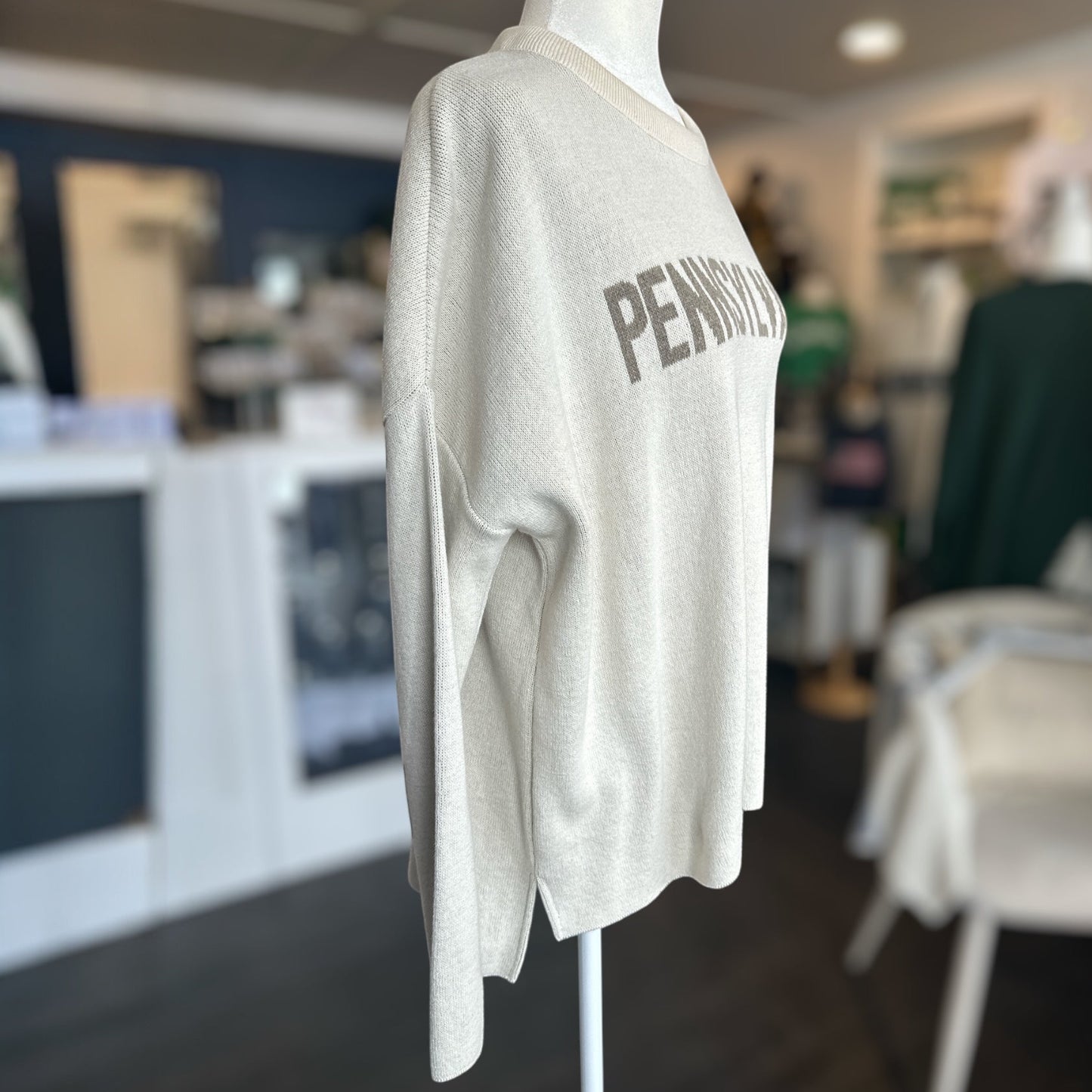 sweater with PENNSYLVANIA text on a mannequin in a store setting.