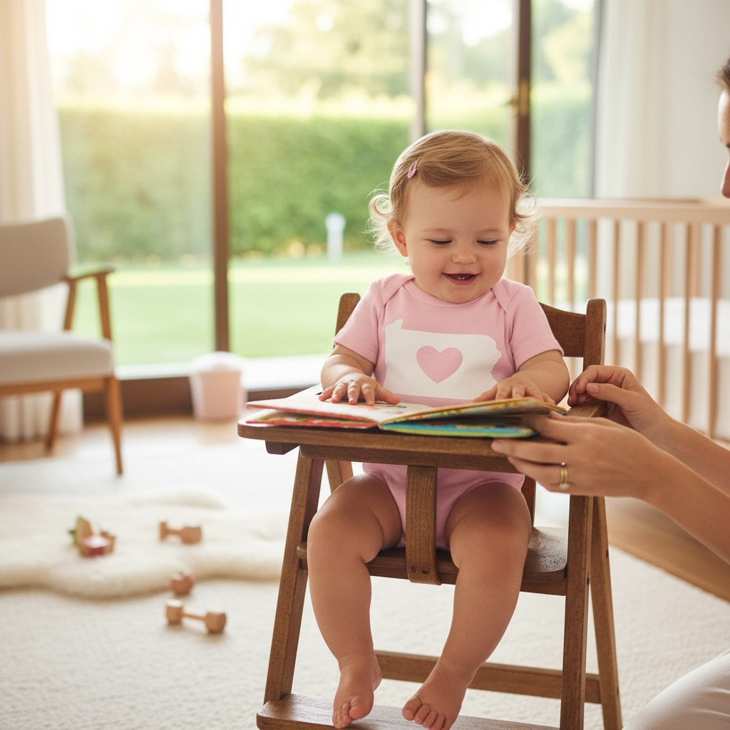 Baby sitting on a high chair being read to by an adult in a bright room.