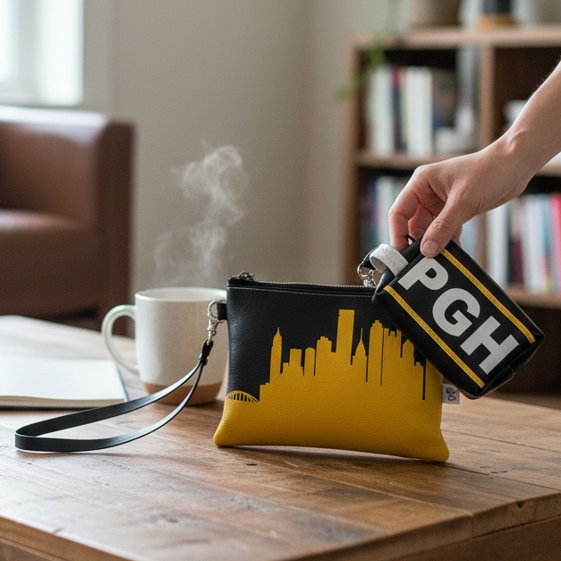 wristlet with 'PGH' design held by a hand on a wooden table, with a cup and books in the background.