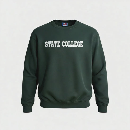 Zoom in of hunter green sweatshirt with DTF STATE COLLEGE