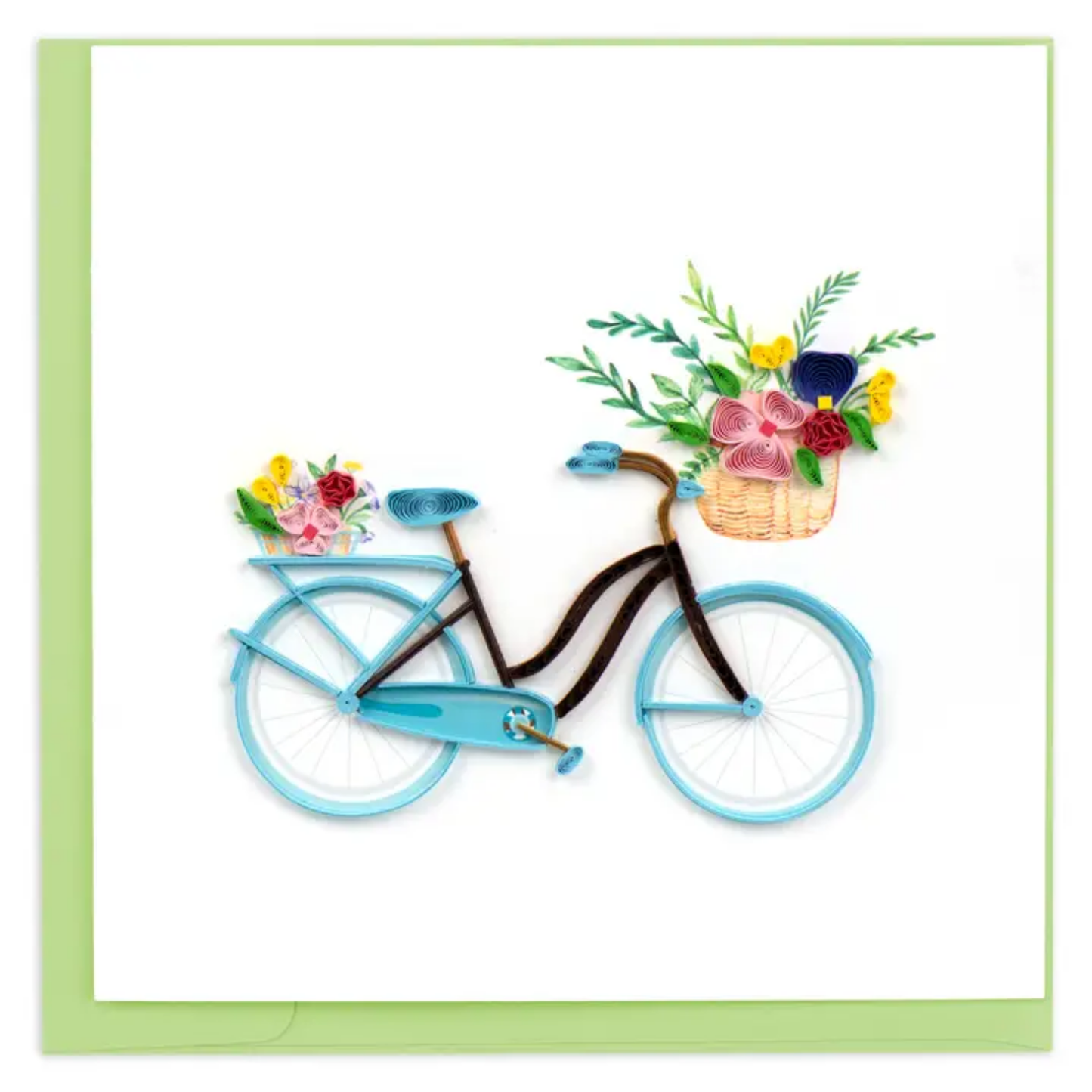 Card with a blue bicycle and flower baskets on a white background