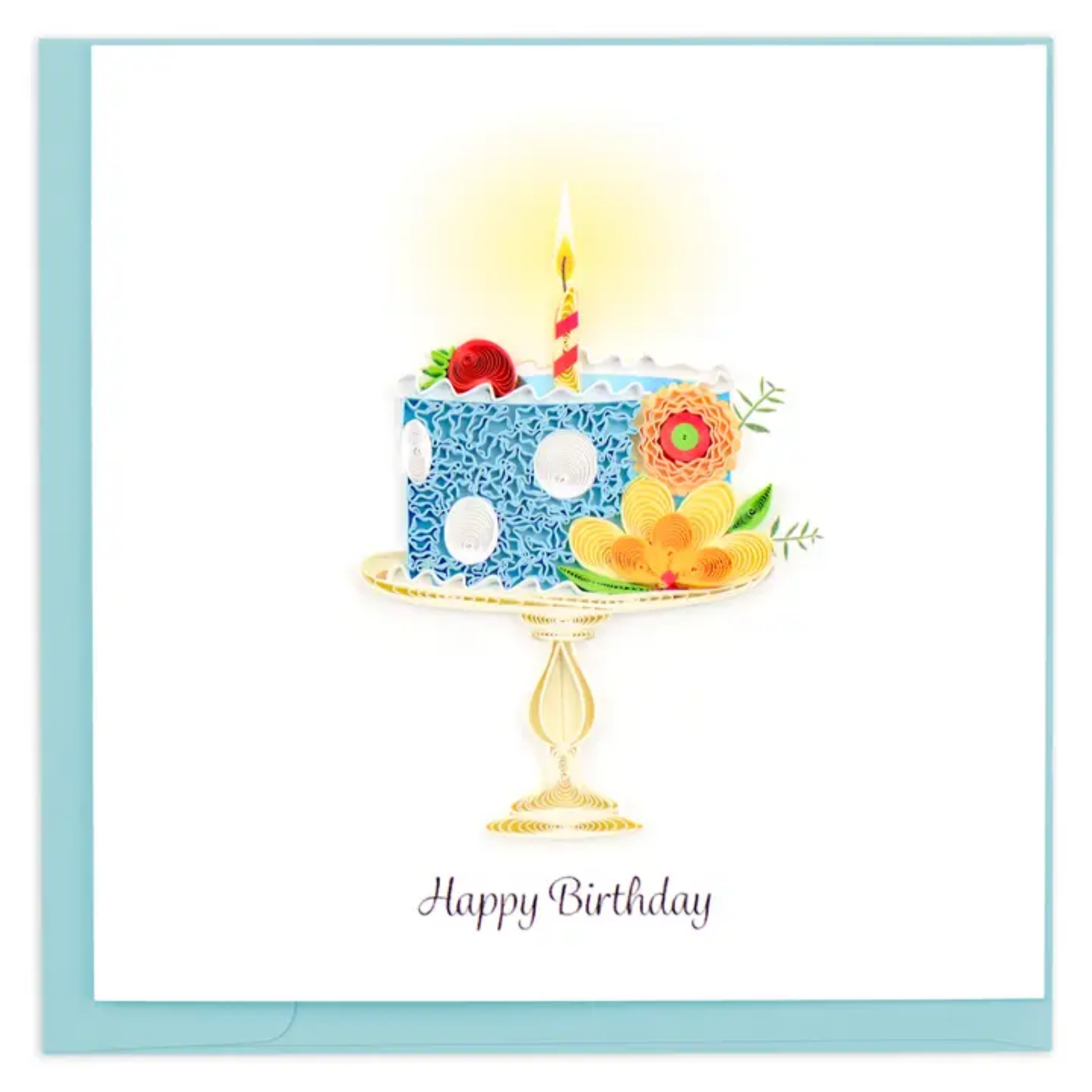 Birthday card with a blue cake illustration and 'Happy Birthday' text.