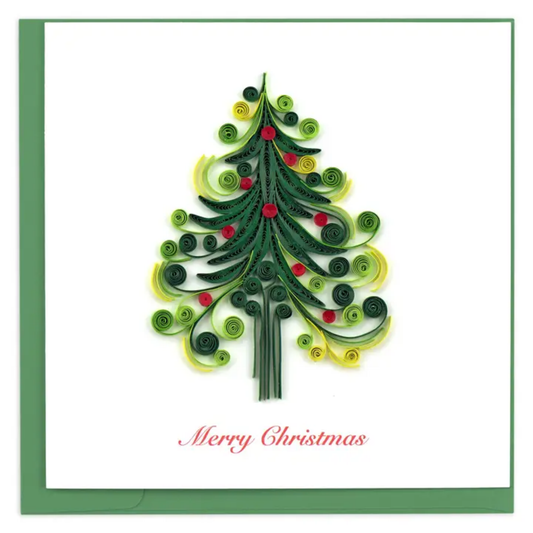 Quilled Christmas tree design with 'Merry Christmas' text on a white background
