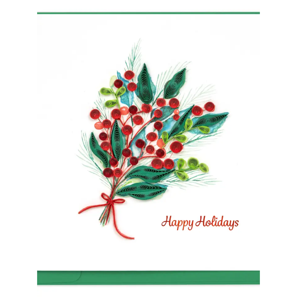 Decorative card with a bouquet of red berries and green leaves, and 'Happy Holidays' text on a white background.