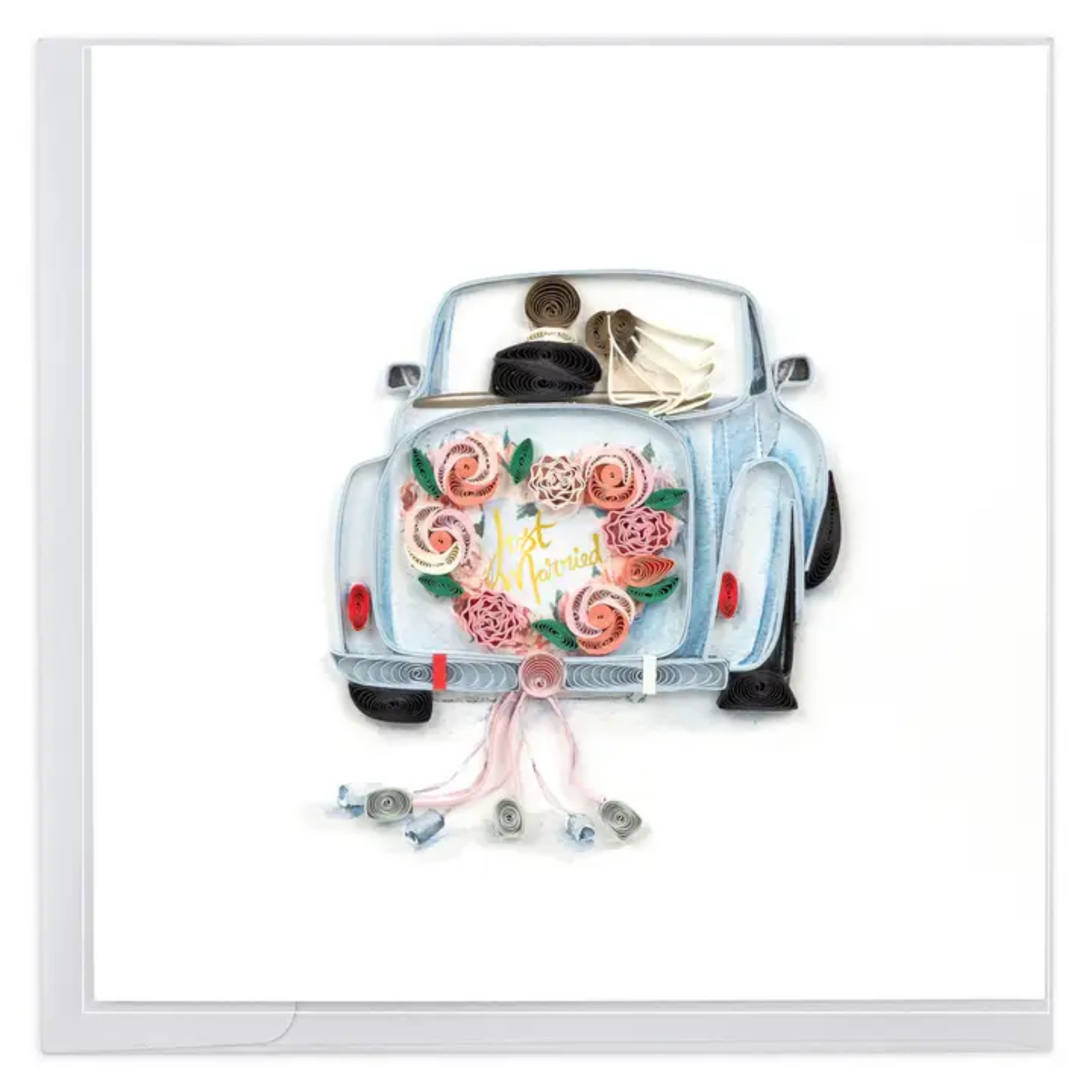 Decorative keychain shaped like a car with floral design and 'Just Married' text on a white background.