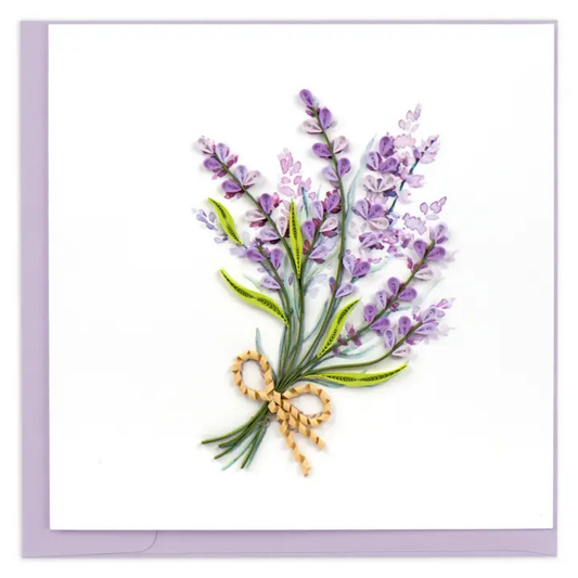 Card with a bouquet of lavender flowers and a gold bow on a white background