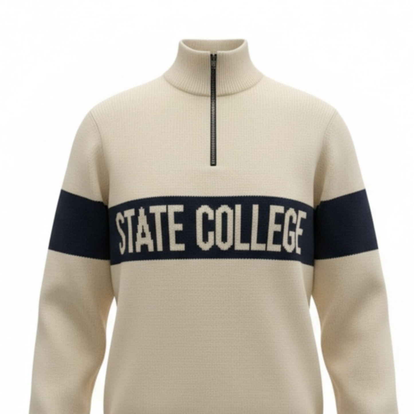 Beige sweater with 'STATE COLLEGE' text on a white background