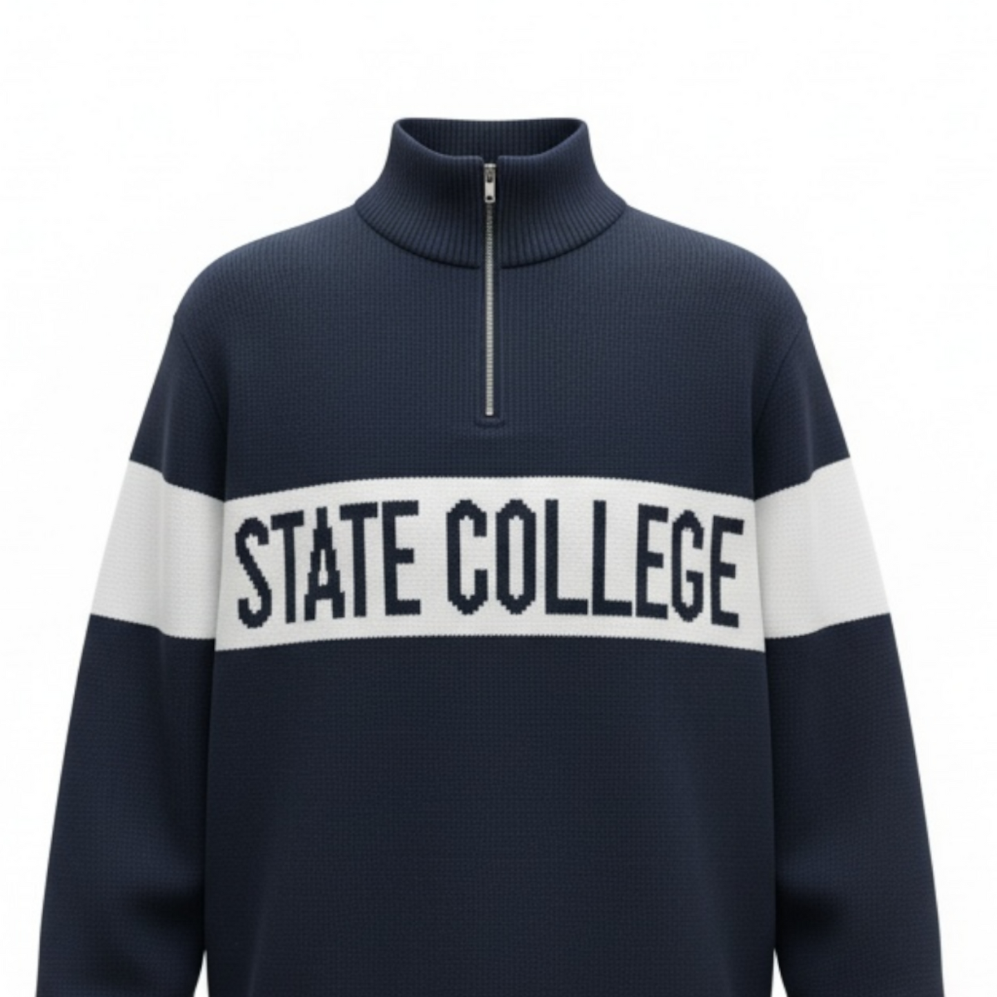 Navy sweater with 'STATE COLLEGE' text on a white background