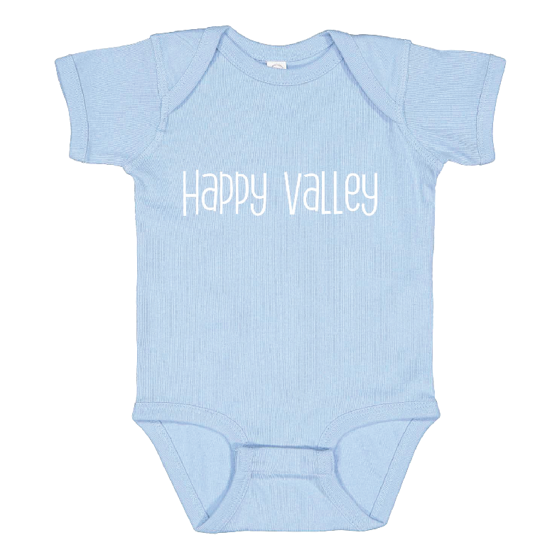 Light blue baby onesie with 'Happy Valley' text on a white background, featuring Town Pride logo.