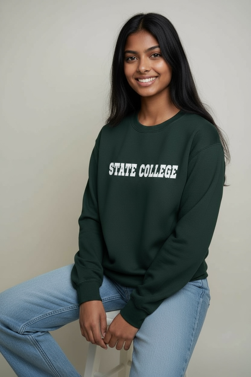 Woman wearing forest green State College sweatshirt seated on a stool.