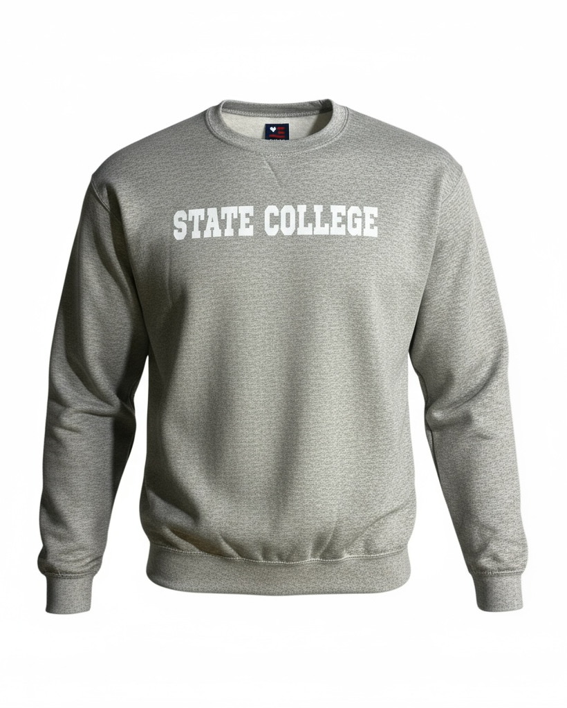 Heather grey crewneck sweatshirt with State College printed across the chest.
