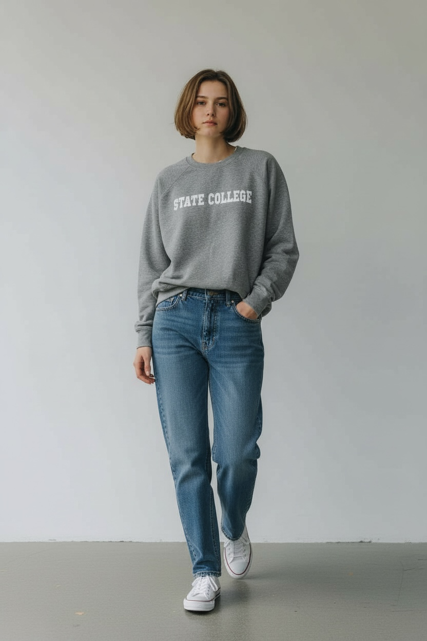 Model wearing heather grey State College sweatshirt with jeans, full-body view.