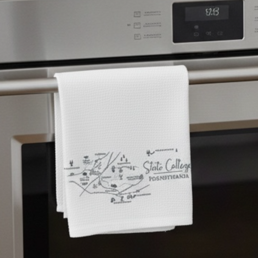 White towel with black text and graphics hanging on a silver oven handle.