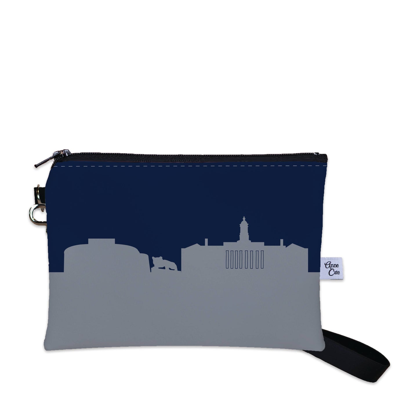 Pouch with city skyline design on a white background