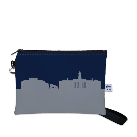 Pouch with city skyline design on a white background