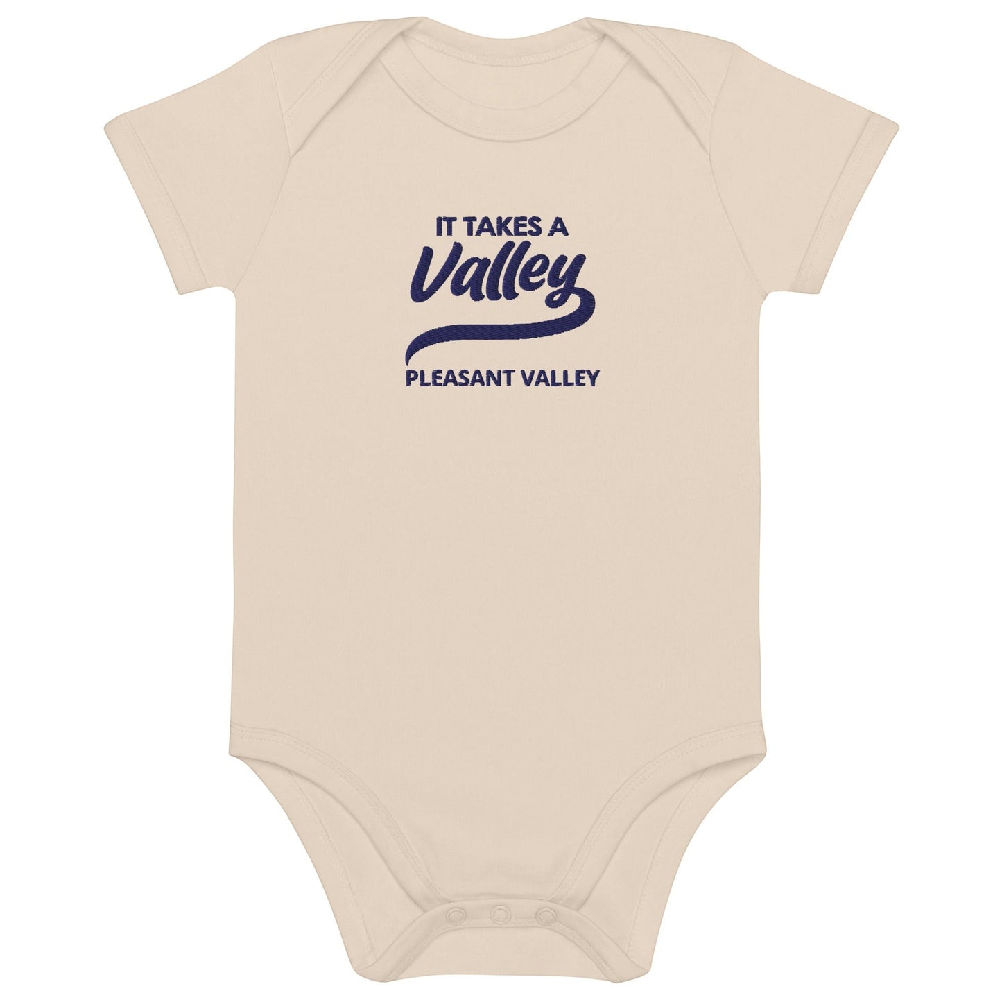 Town Pride State College organic cotton baby bodysuit in beige with navy blue It Takes A Valley embroidery