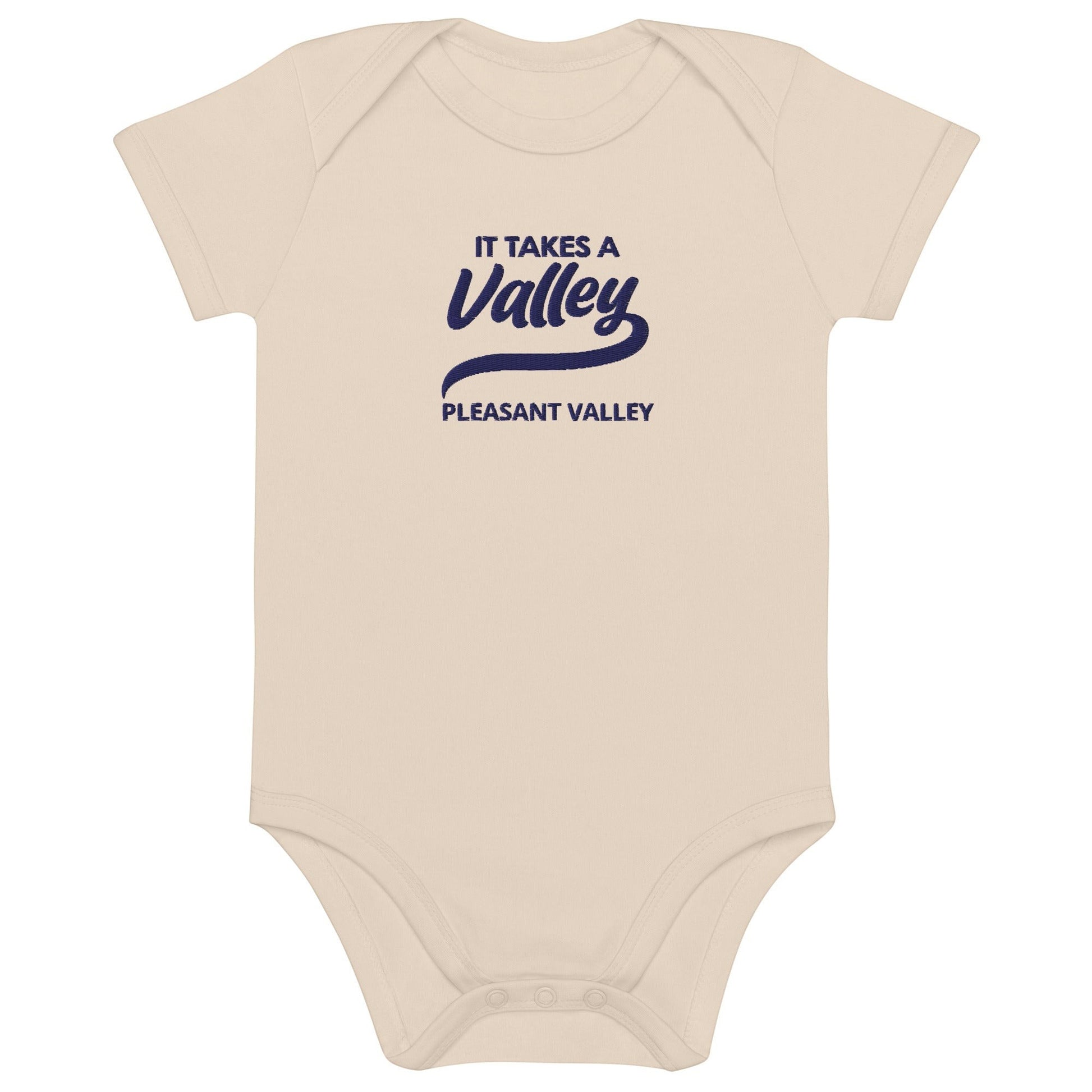 Town Pride State College organic cotton baby bodysuit in beige with navy blue It Takes A Valley embroidery