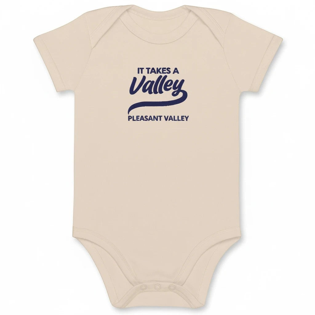 Town Pride State College organic cotton baby bodysuit in beige with navy blue Pleasant Valley embroidery.