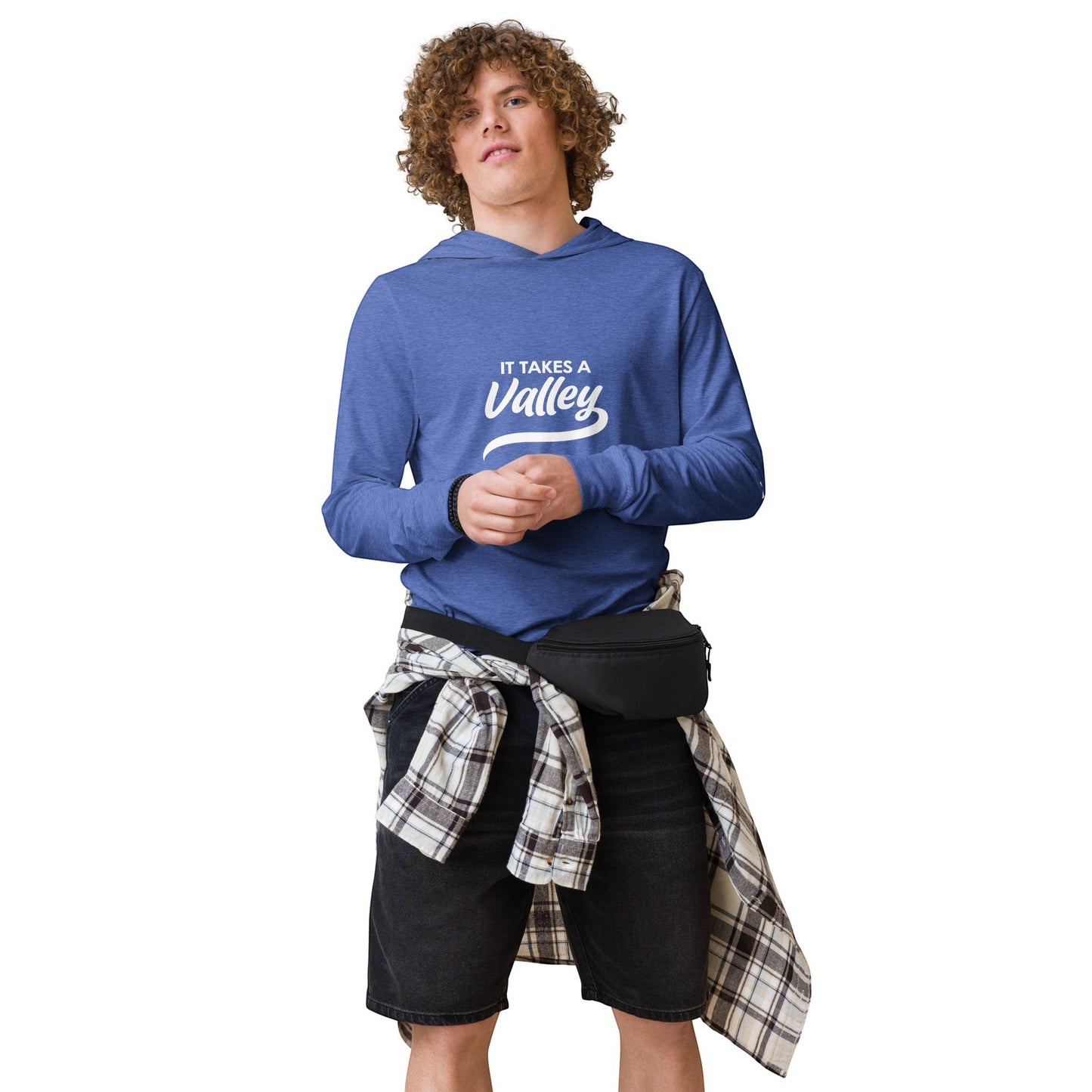Town Pride State College blue hooded long sleeve tee with It Takes a Valley graphic on a curly-haired male model