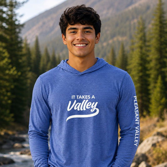 Town Pride State College blue lightweight hooded long sleeve tee with It Takes a Valley graphic on a smiling man