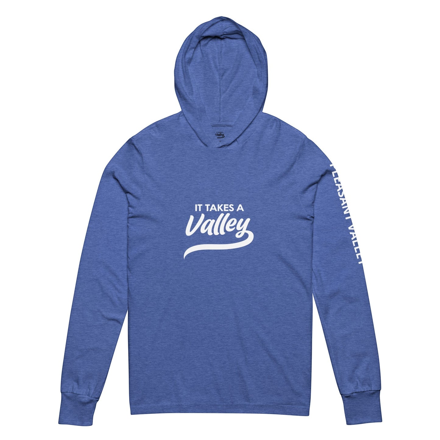 Town Pride State College blue lightweight hooded long sleeve tee with It Takes a Valley graphic on chest and sleeve