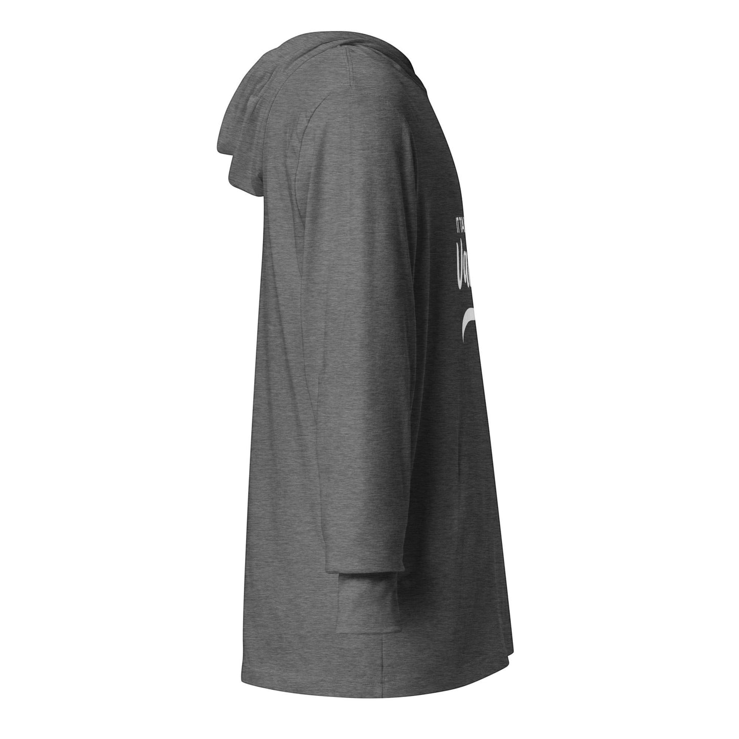 Town Pride State College charcoal grey lightweight hooded long sleeve tee with Pleasant Valley graphic side view