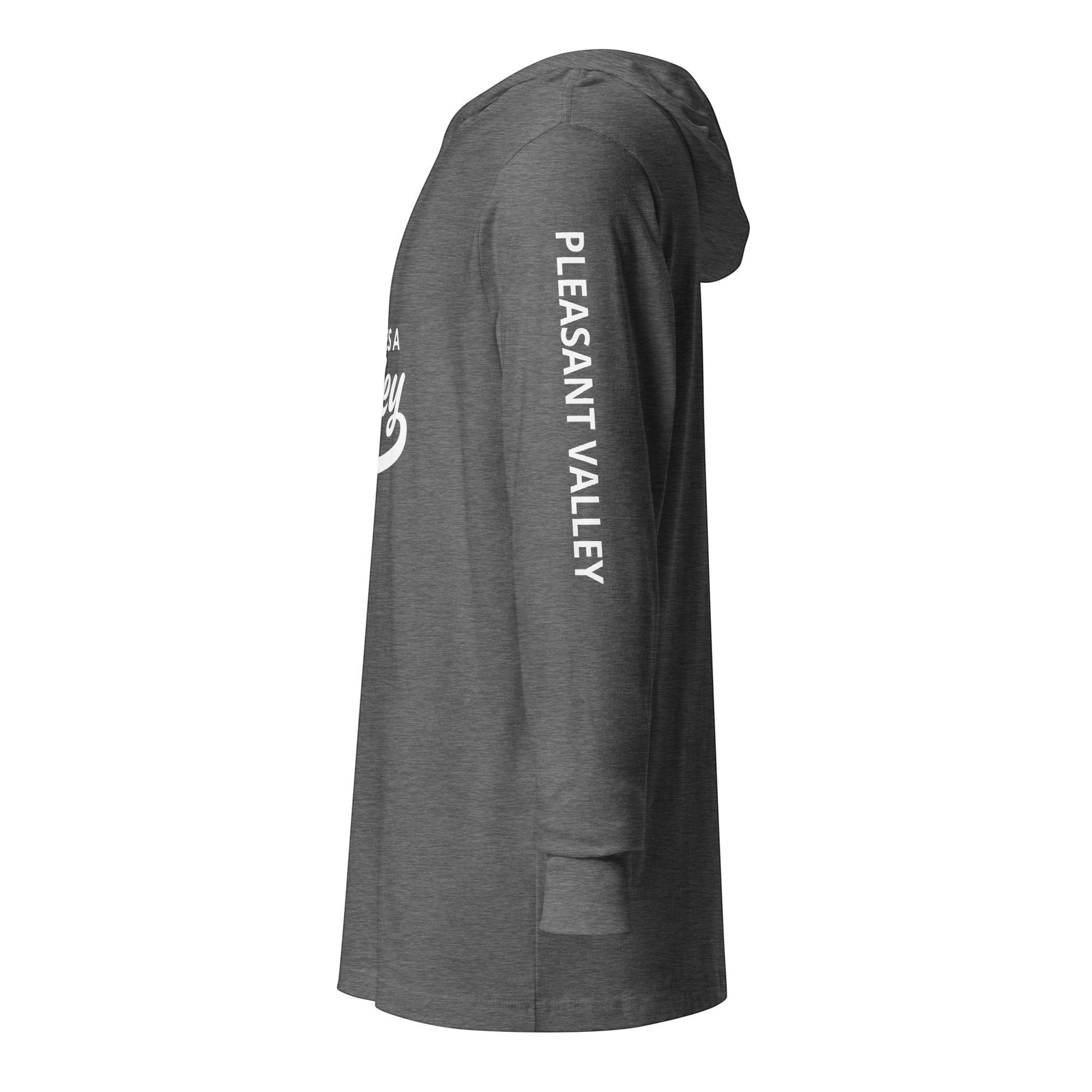 Town Pride State College charcoal grey hooded long sleeve tee with Pleasant Valley text on the sleeve