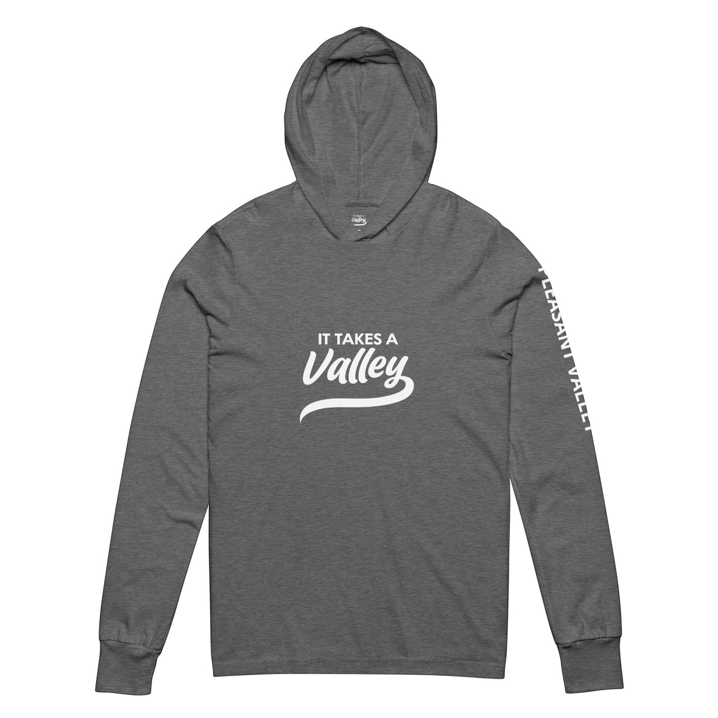 Town Pride State College grey lightweight hooded long sleeve tee with It Takes a Valley graphic and sleeve text.