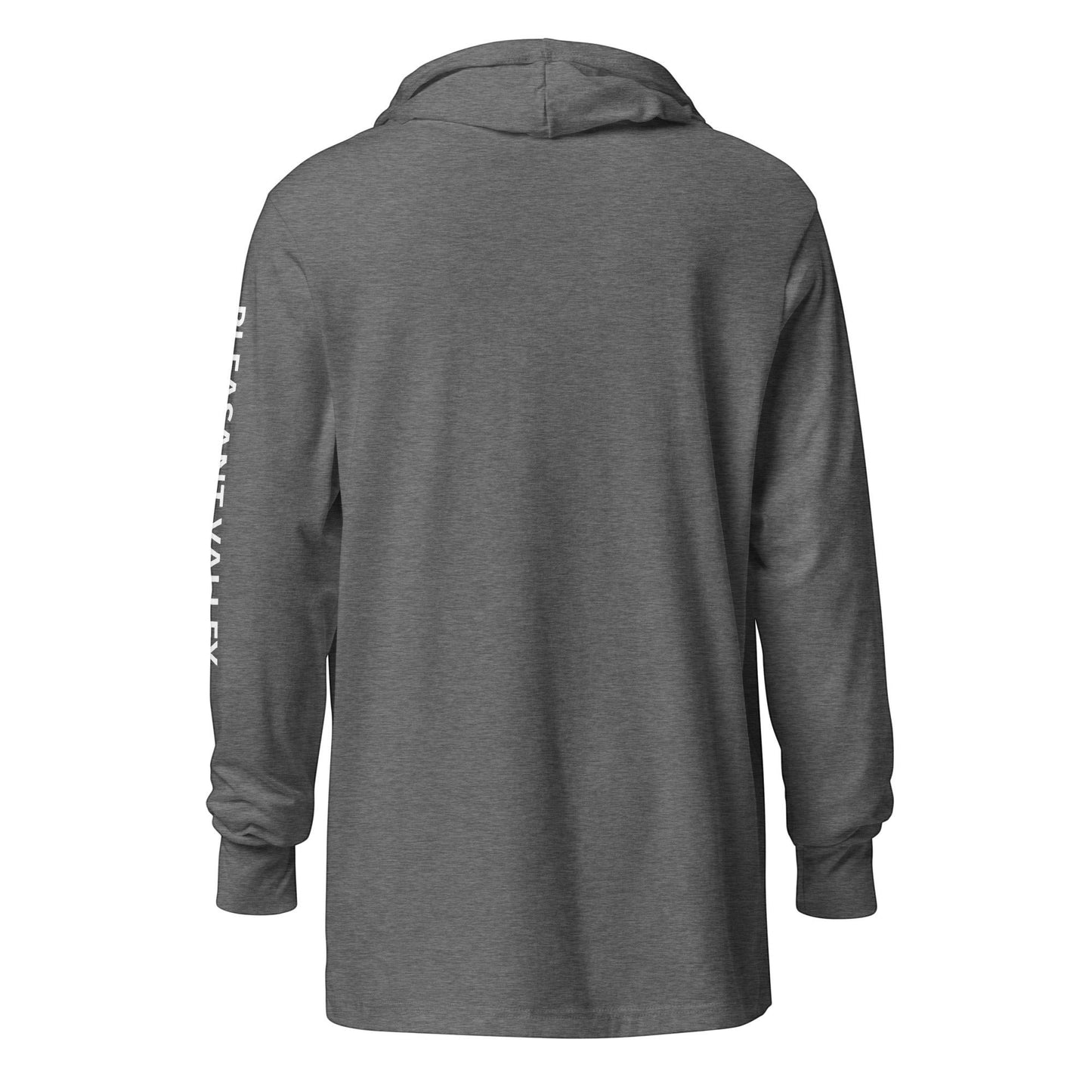 Town Pride State College grey hooded long sleeve tee with Pleasant Valley text on the sleeve, back view.