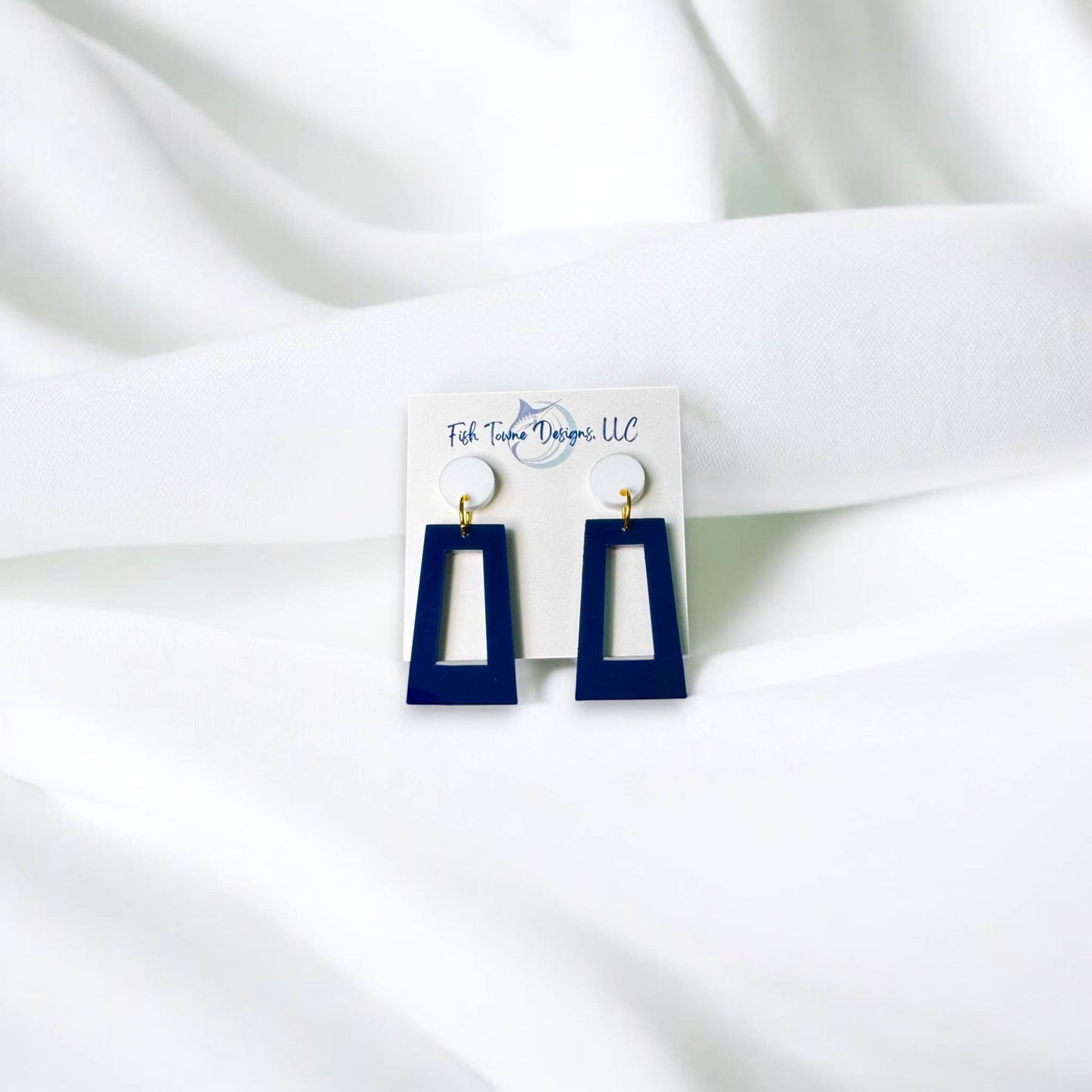 Town Pride State College navy blue and white acrylic open rectangle game day earrings with stainless steel posts