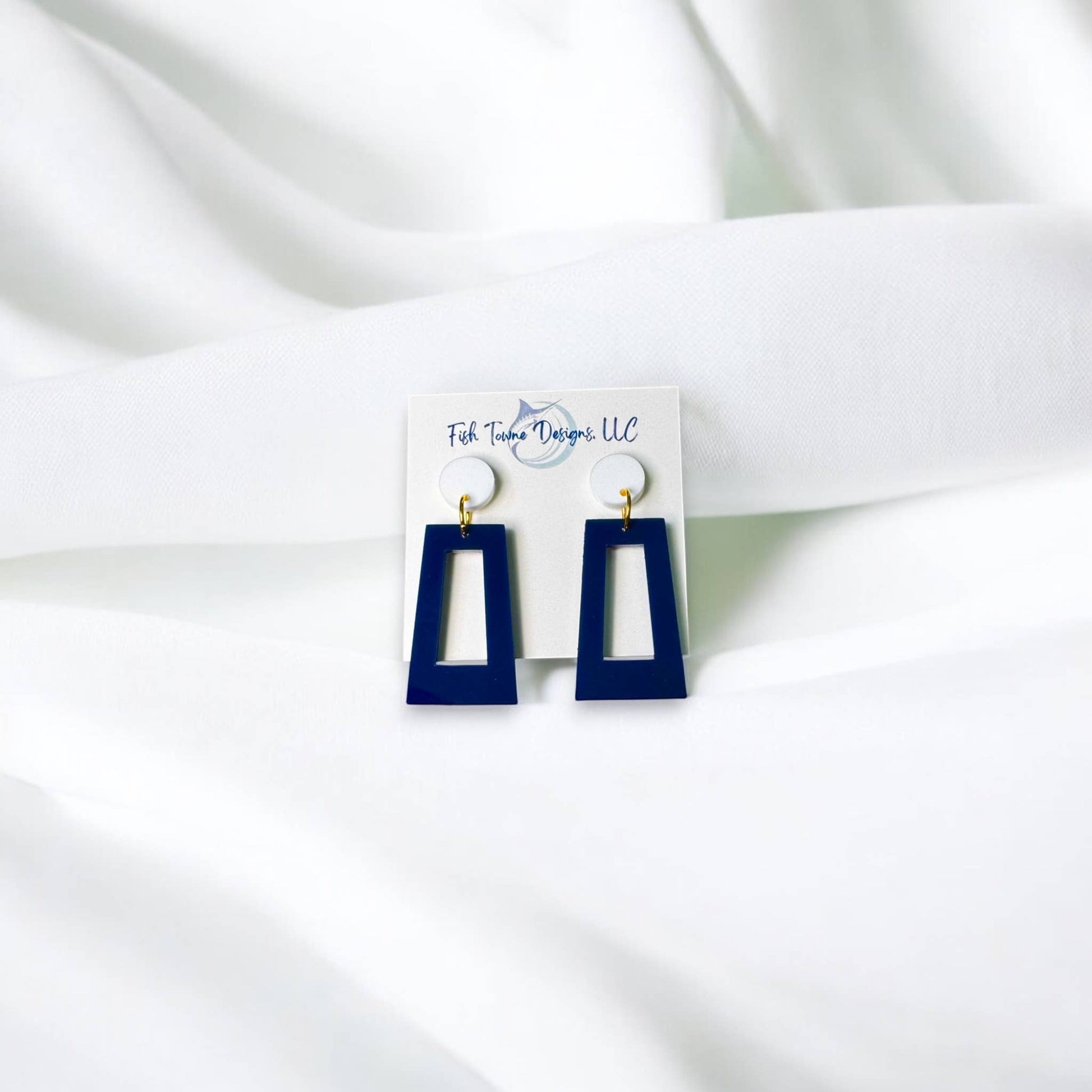 Town Pride State College navy blue and white acrylic open rectangle game day earrings with stainless steel posts