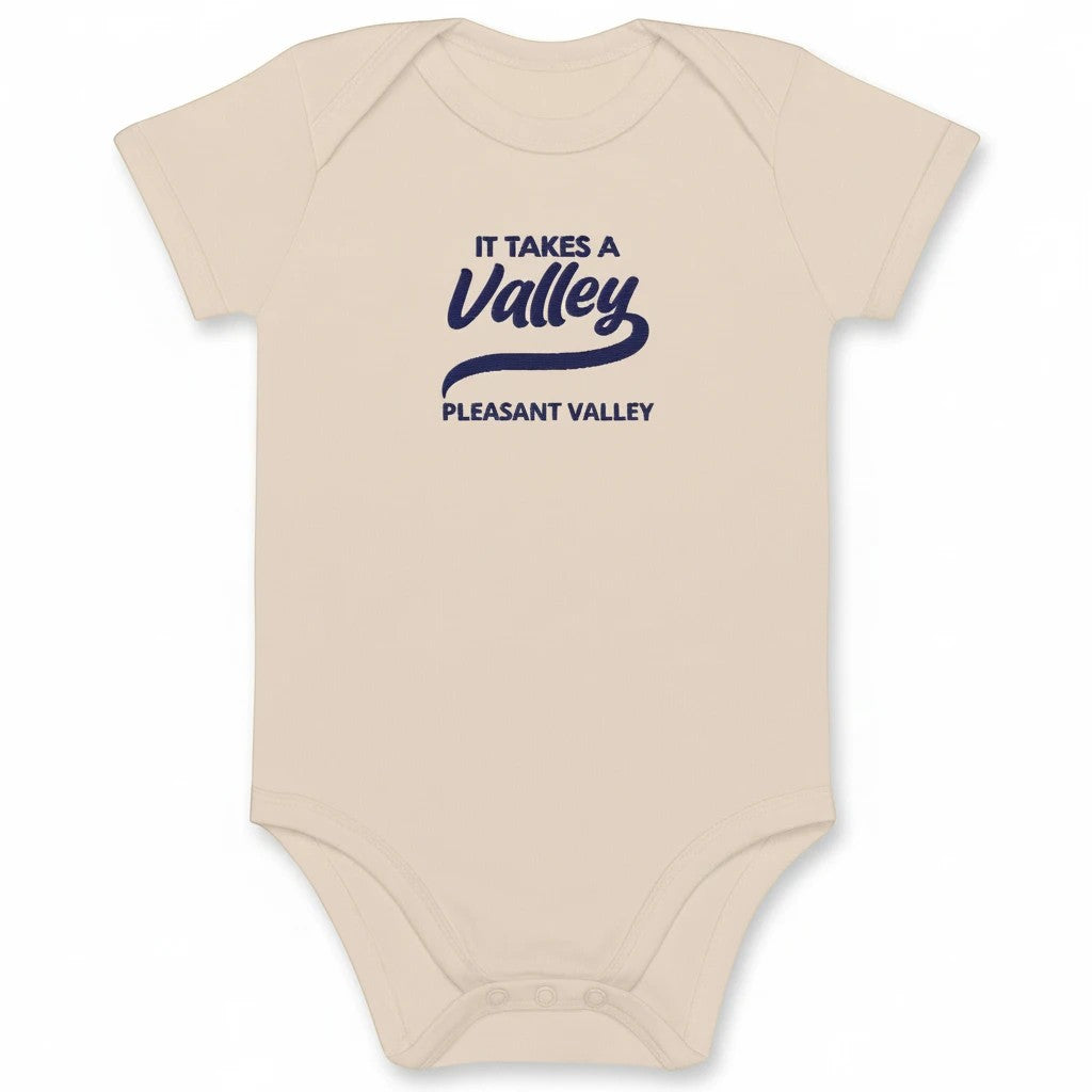 Town Pride State College organic cotton baby bodysuit in beige with navy blue It Takes A Valley embroidery