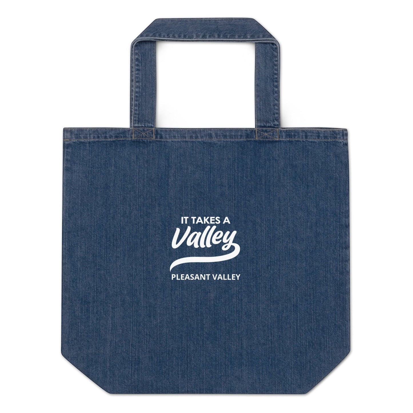 Town Pride State College organic denim tote bag in dark blue with white It Takes a Valley Pleasant Valley graphic print