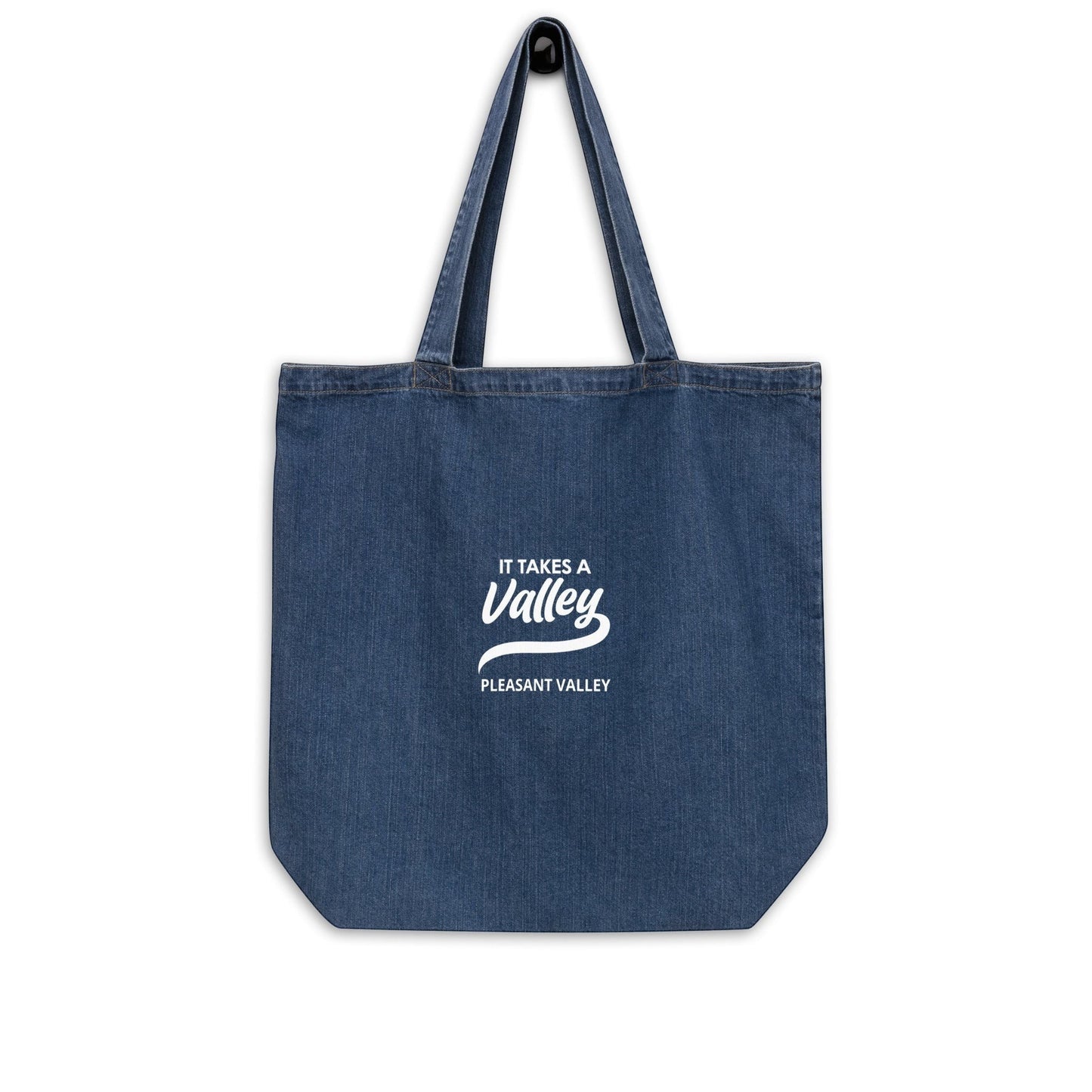 Town Pride State College organic cotton denim tote bag in blue with white It Takes a Valley Pleasant Valley graphic