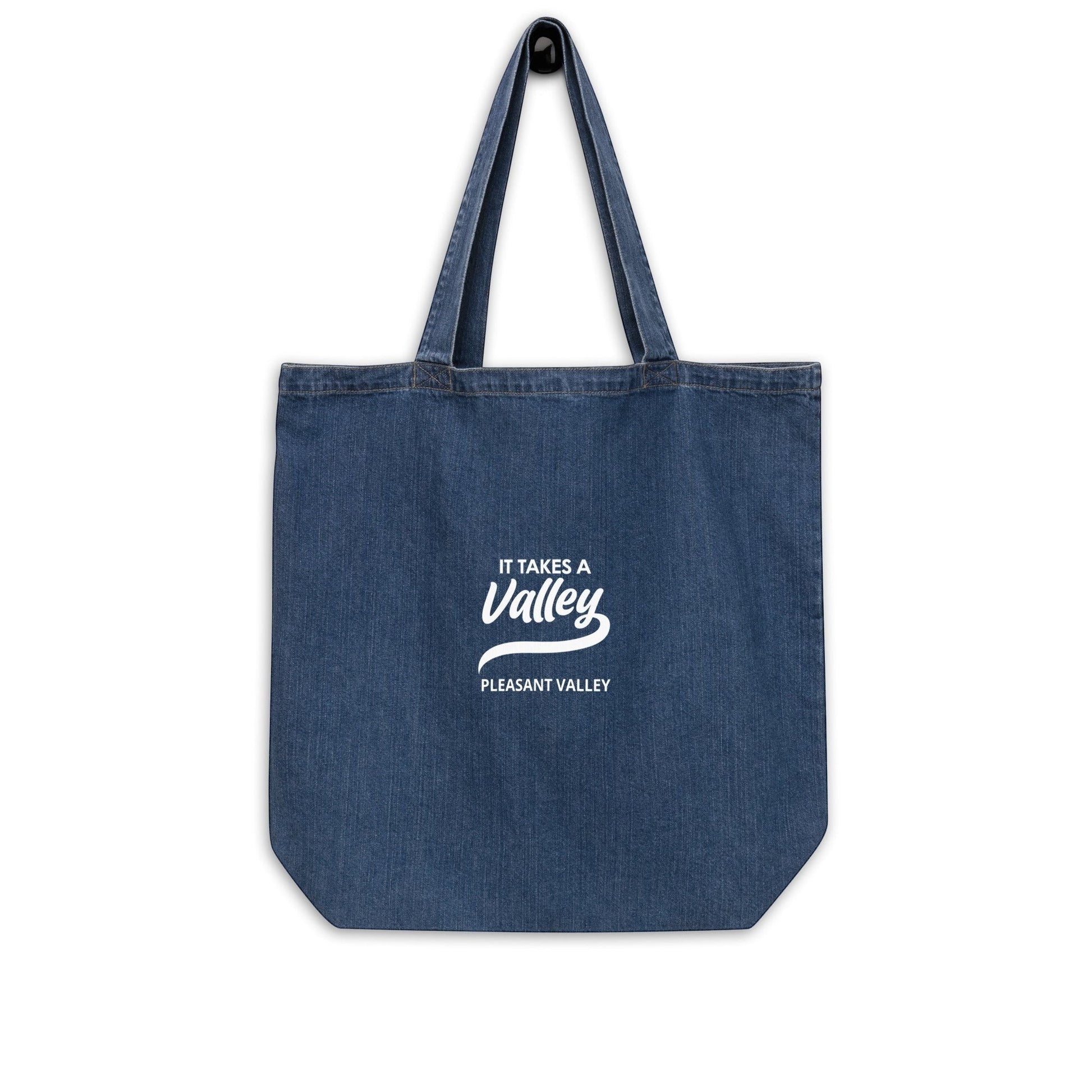 Town Pride State College organic cotton denim tote bag in blue with white It Takes a Valley Pleasant Valley graphic