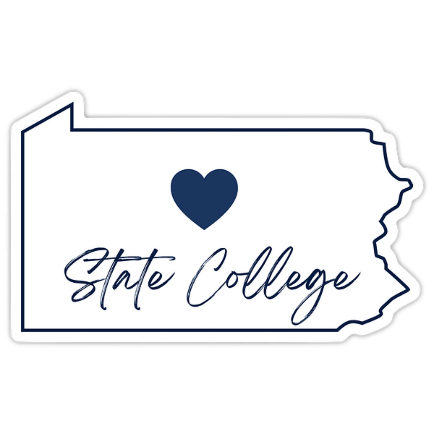 Town Pride State College magnet featuring a navy blue outline of Pennsylvania with a heart and script text